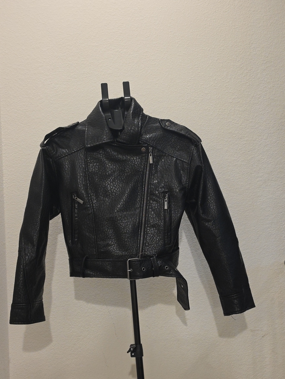 Black Faux Leather Biker Jacket with Belt